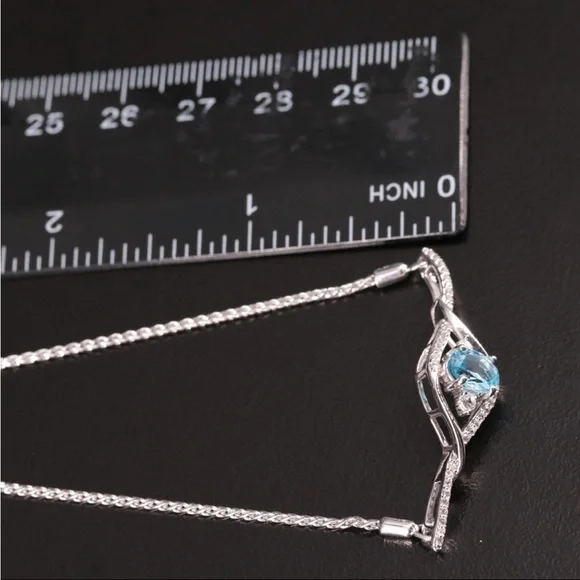 3 PIECES-Blue & White Topaz 925 Strlng Silver Necklace, Bolo Bracelet & Earrings - Picture 3 of 8